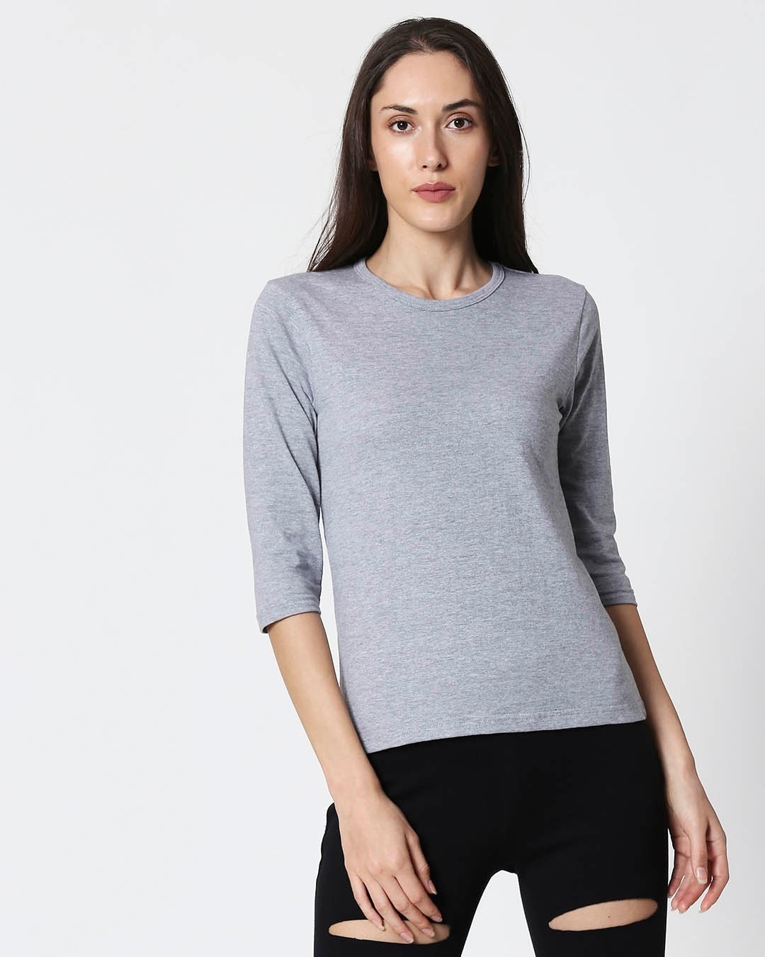 Shop Space Grey Women's 3/4 Sleeve Round Neck T-Shirt-Front