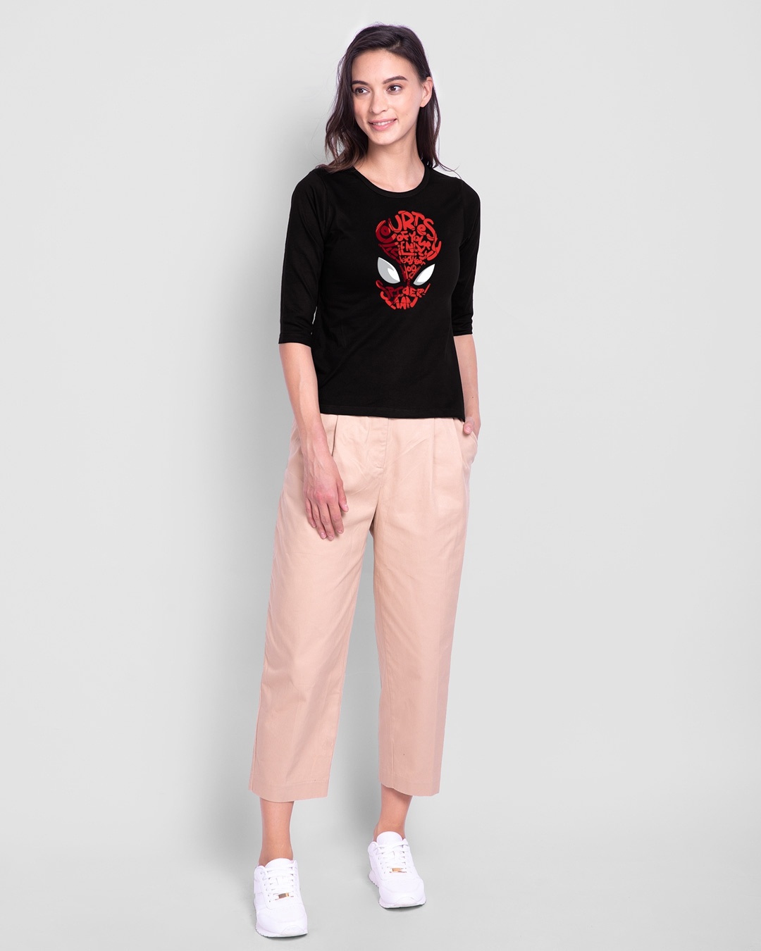 Shop Spiderman Face Round Neck 3/4th Sleeve T-Shirt (AVL) Black-Design