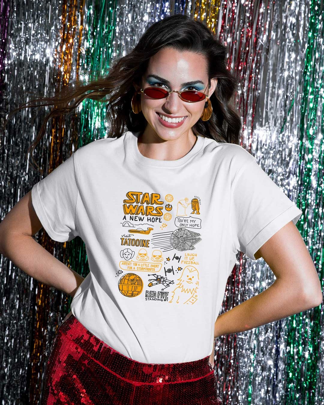 Shop Star wars doodle Printed Boyfriend T-Shirt-Front
