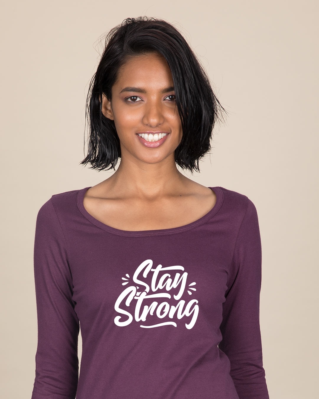 Shop Stay Strong Scoop Neck Full Sleeve T-Shirt-Front