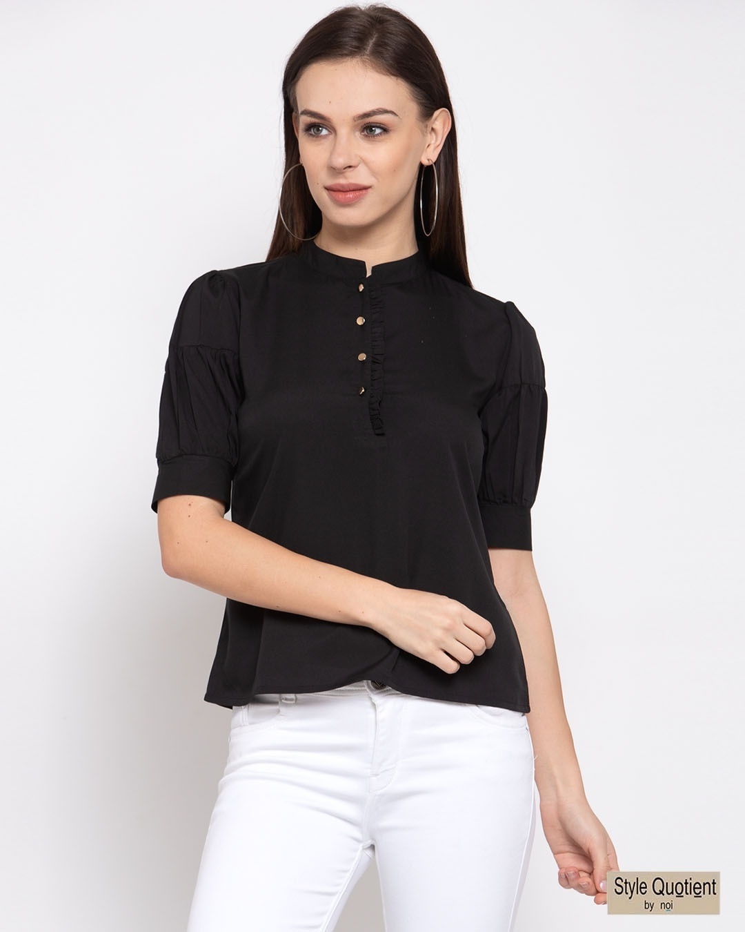 Shop Black Mandarin Collar Puff Sleeves Crepe Shirt Top-Front