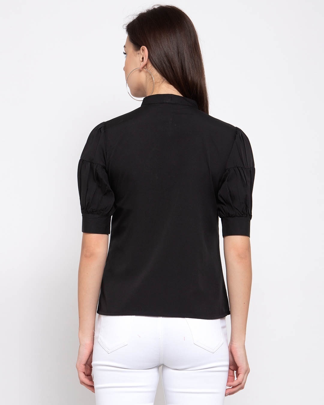 Shop Black Mandarin Collar Puff Sleeves Crepe Shirt Top-Design