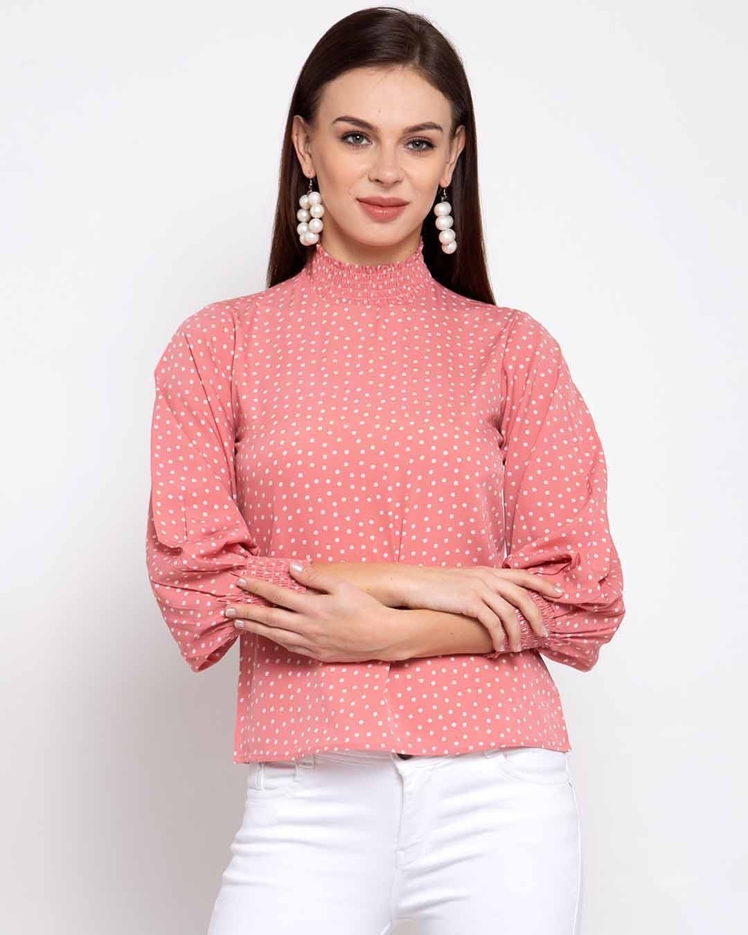 Shop Pink & White Printed Puff Sleeves Crepe Top-Front