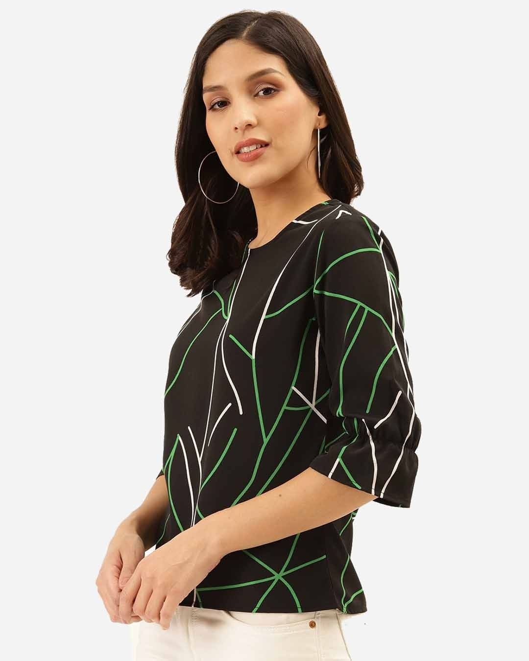 Shop Women Black & Green Abstract Print Regular Top-Back