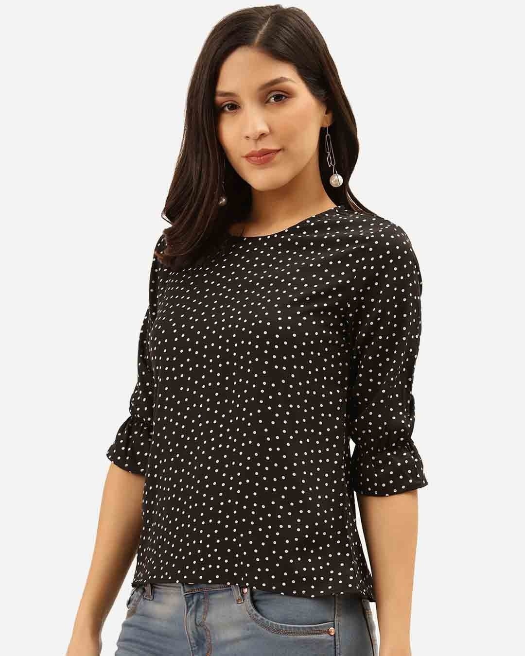 Shop Women Black & White Polka Dot Print Regular Top-Back
