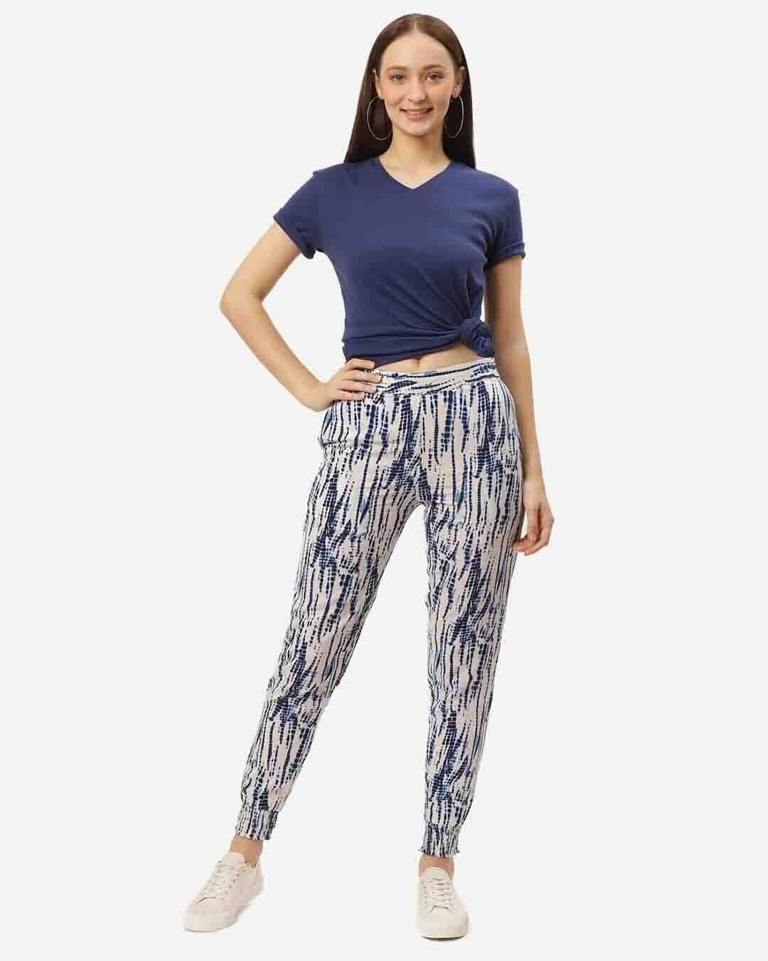 Shop Women Navy Blue & White Relaxed Slim Fit Dyed Joggers