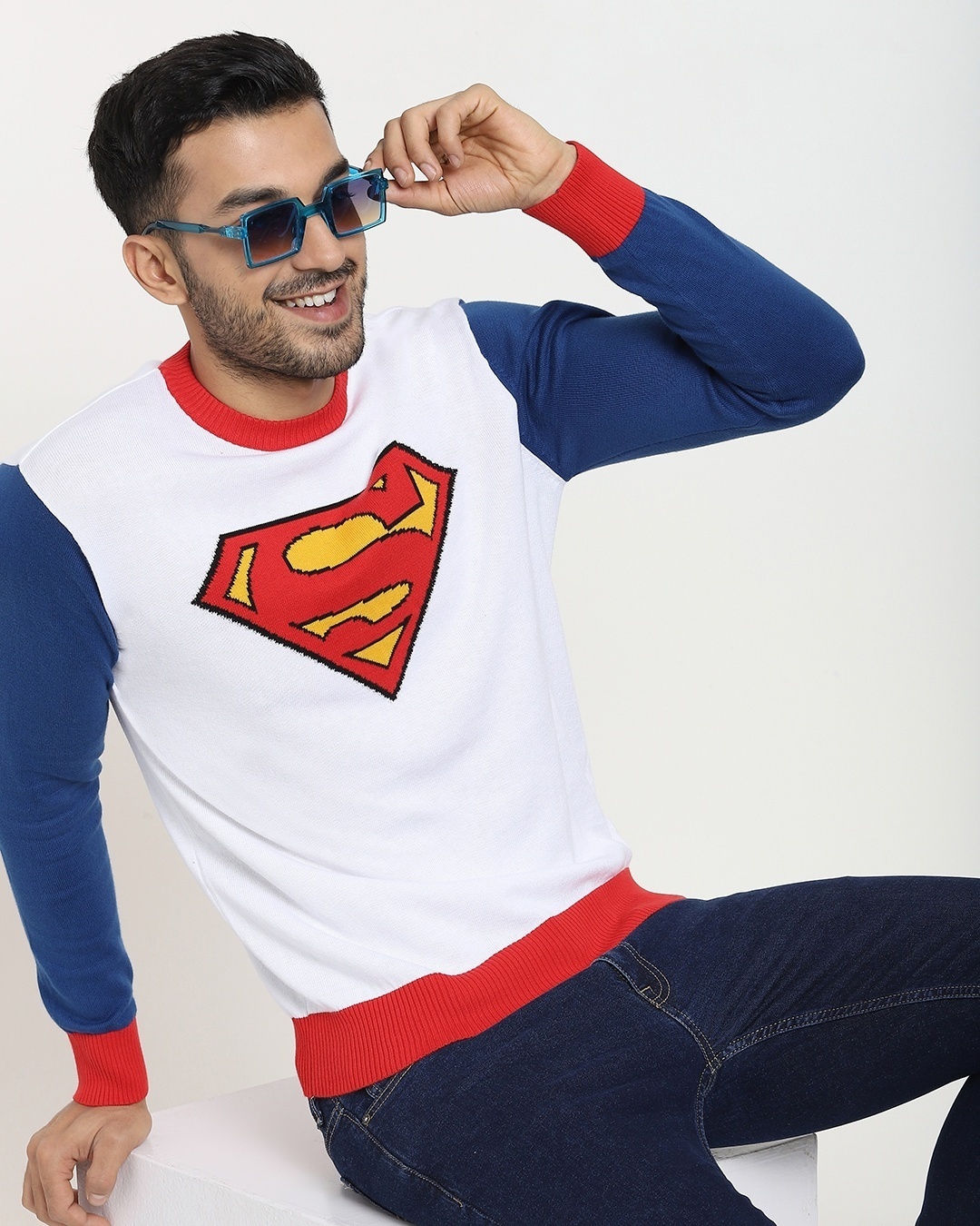 Shop Superman Color Block Flat Knit Sweater-Front