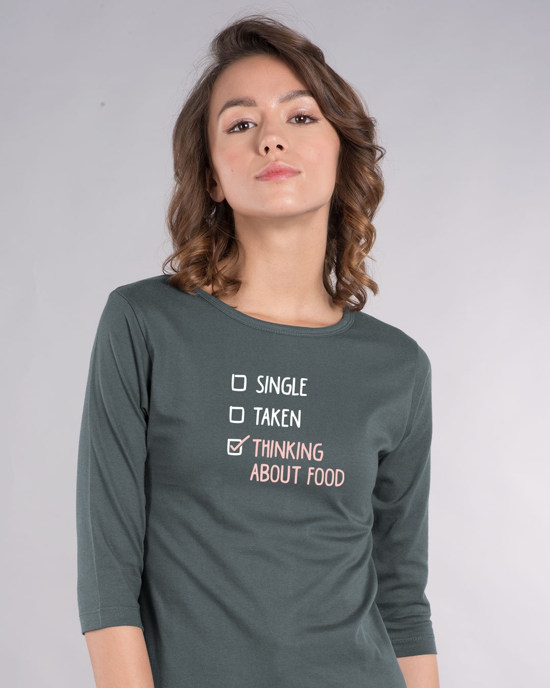 Shop Thinking About Food Round Neck 3/4th Sleeve T-Shirt-Front