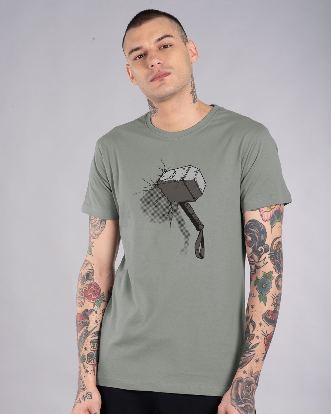 Shop Men's Grey Thor Hammer Graphic Printed T-shirt-Back