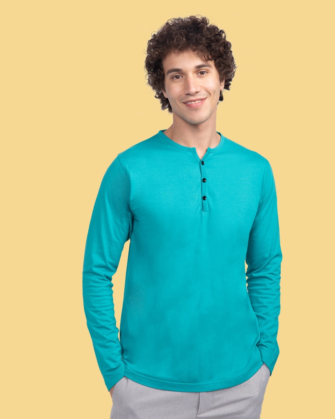 Shop Tropical Blue Full Sleeve Henley T-Shirt-Front