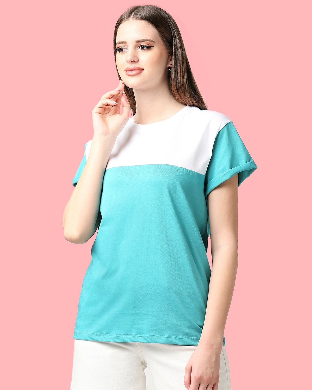 Shop Tropical Blue-White Color Block Boyfriend T-shirt-Front