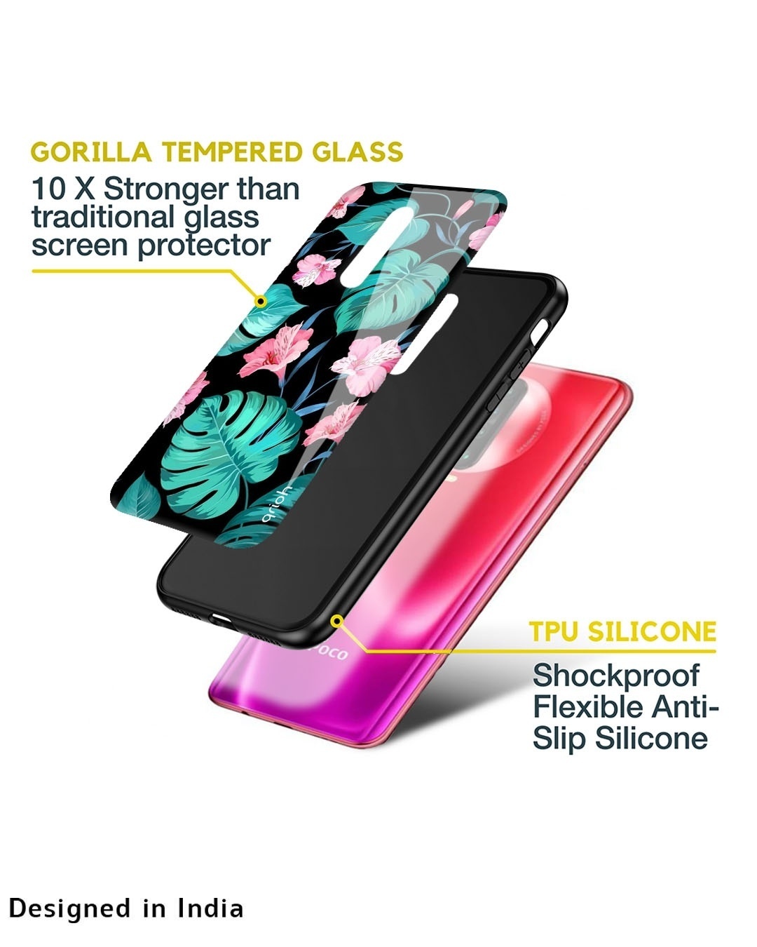 Shop Tropical Leaves & Pink Flowers Premium Glass Case for Poco M4 5G (Shock Proof, Scratch Resistant)-Design