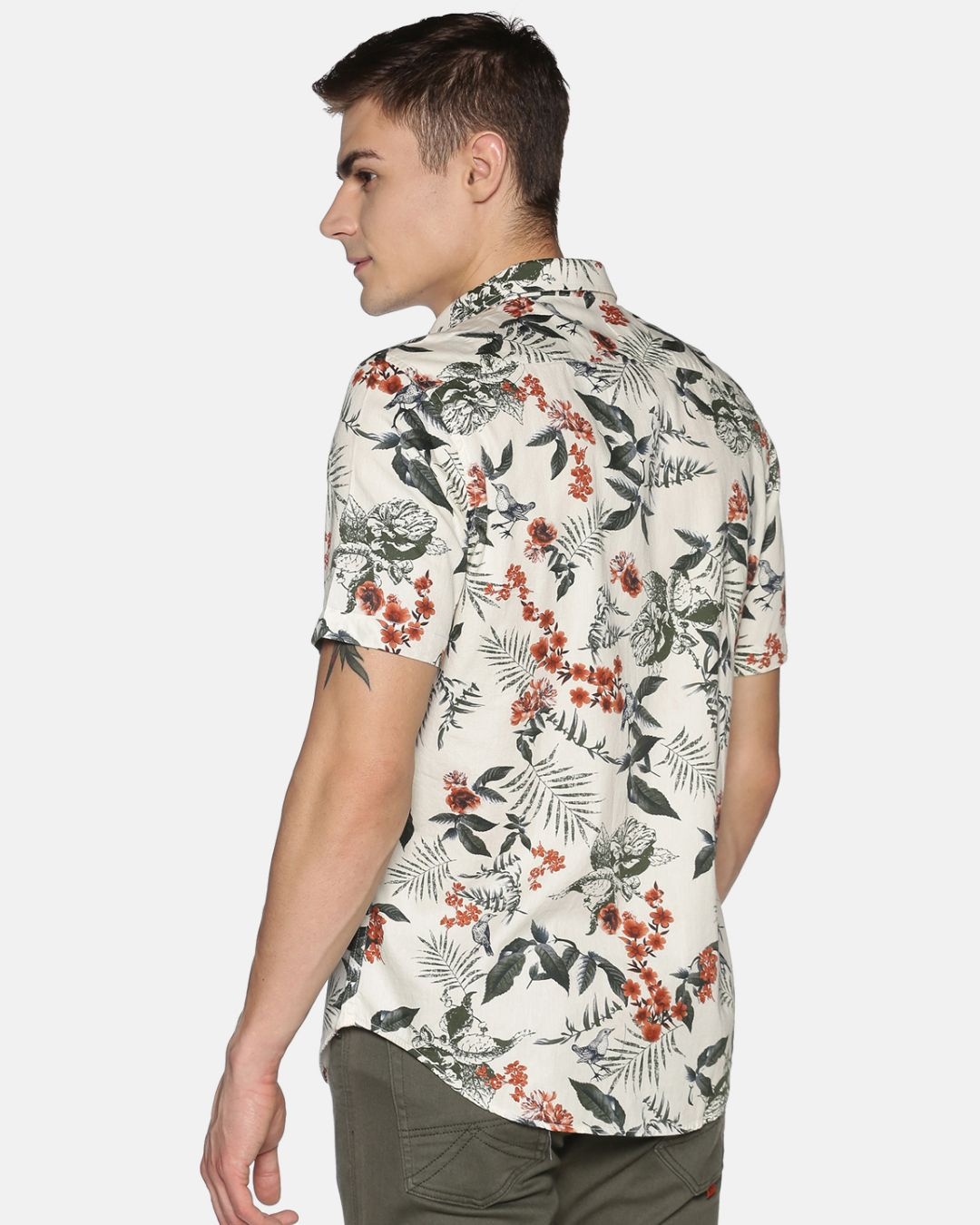 Shop Men Short Sleeve Cotton Printed Bird Beige Shirt-Design