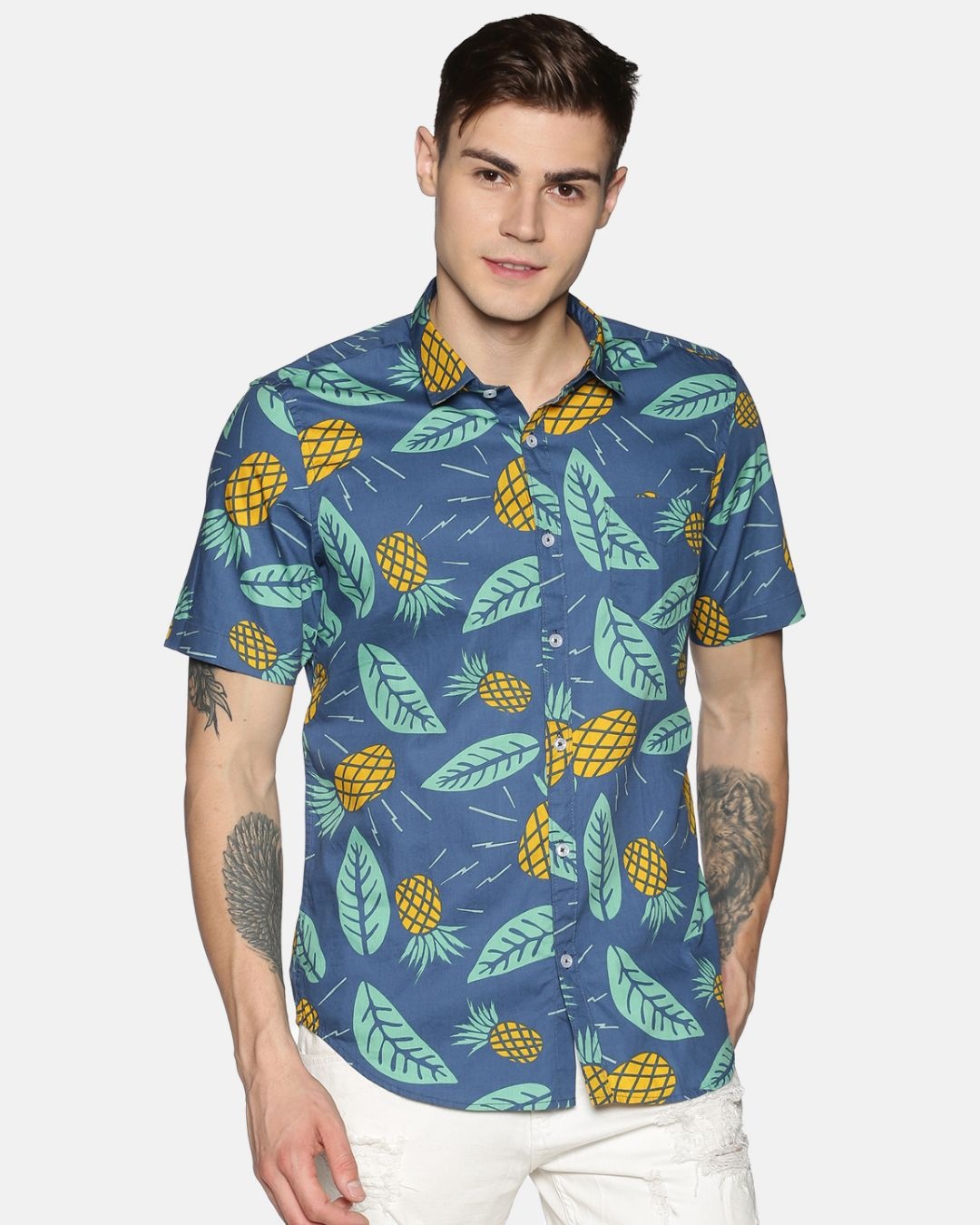 Shop Men Short Sleeve Cotton Printed Blue Yellow Pineapple Shirt-Front