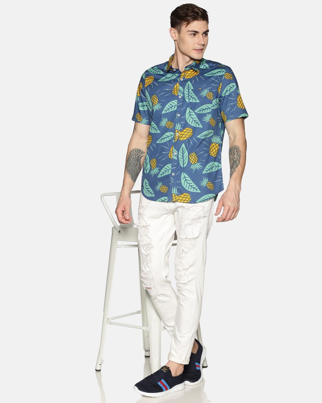 Shop Men Short Sleeve Cotton Printed Blue Yellow Pineapple Shirt