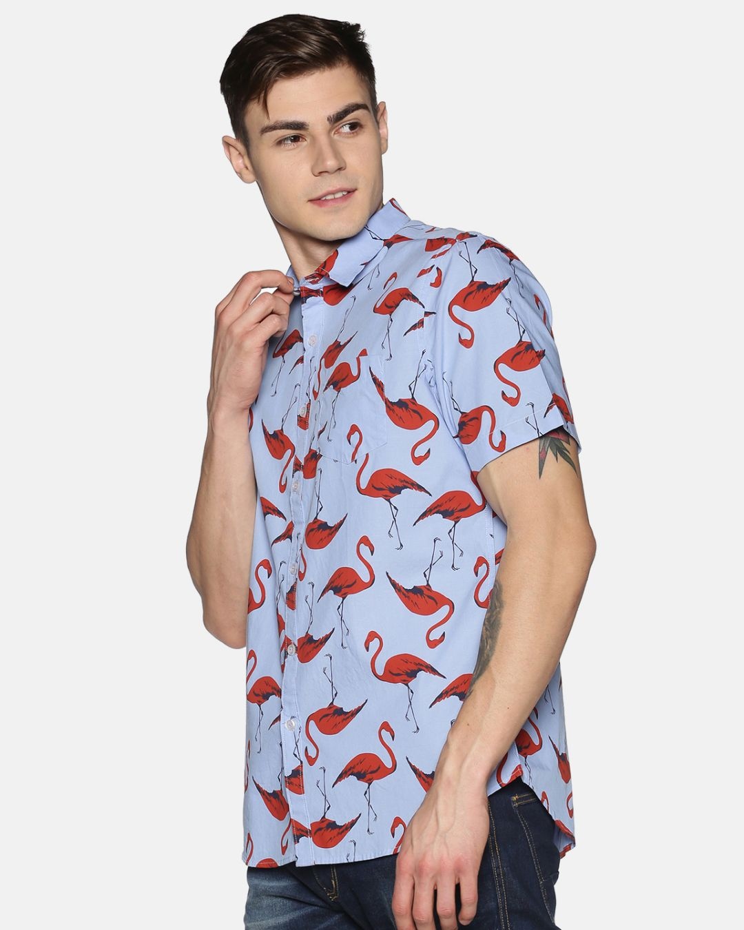 Shop Men Short Sleeve Cotton Printed Brown Flamingo Bird Blue Grey Shirt-Back