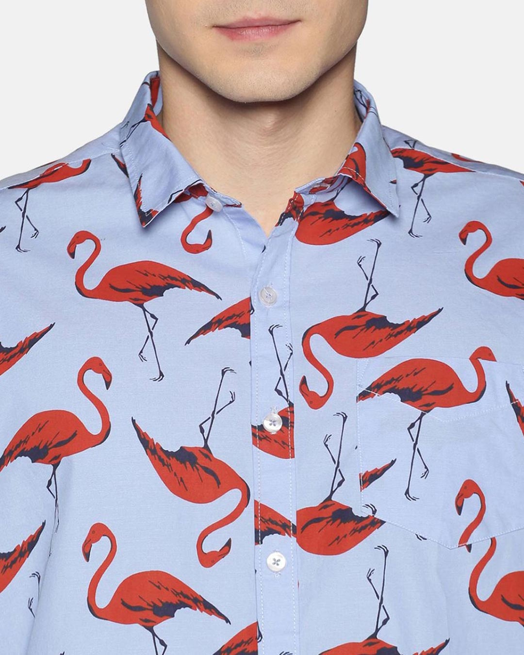 Shop Men Short Sleeve Cotton Printed Brown Flamingo Bird Blue Grey Shirt