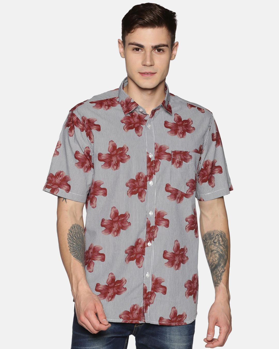 Shop Men Short Sleeve Cotton Printed Brown Grey Strip Floral Shirt-Front