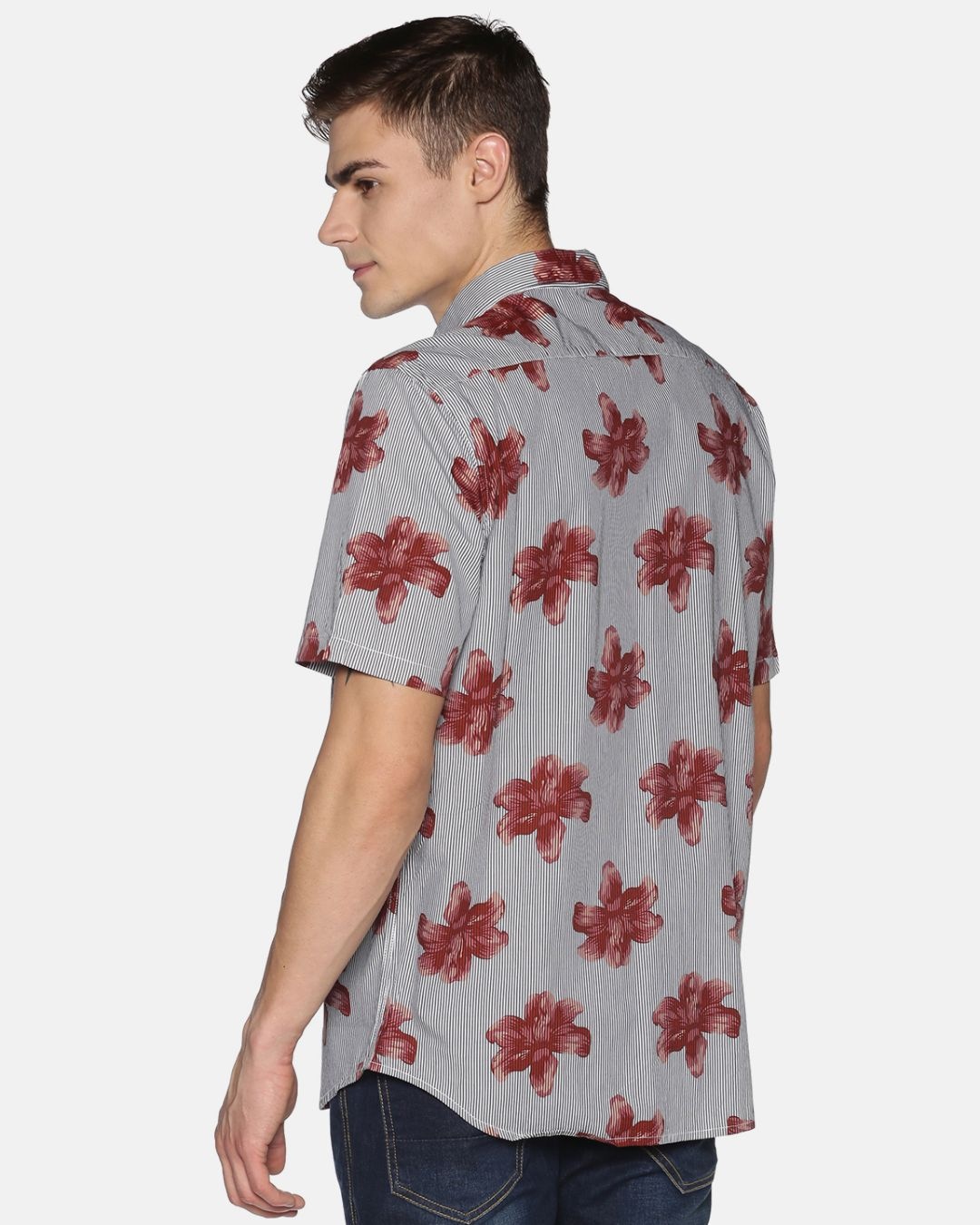 Shop Men Short Sleeve Cotton Printed Brown Grey Strip Floral Shirt-Design