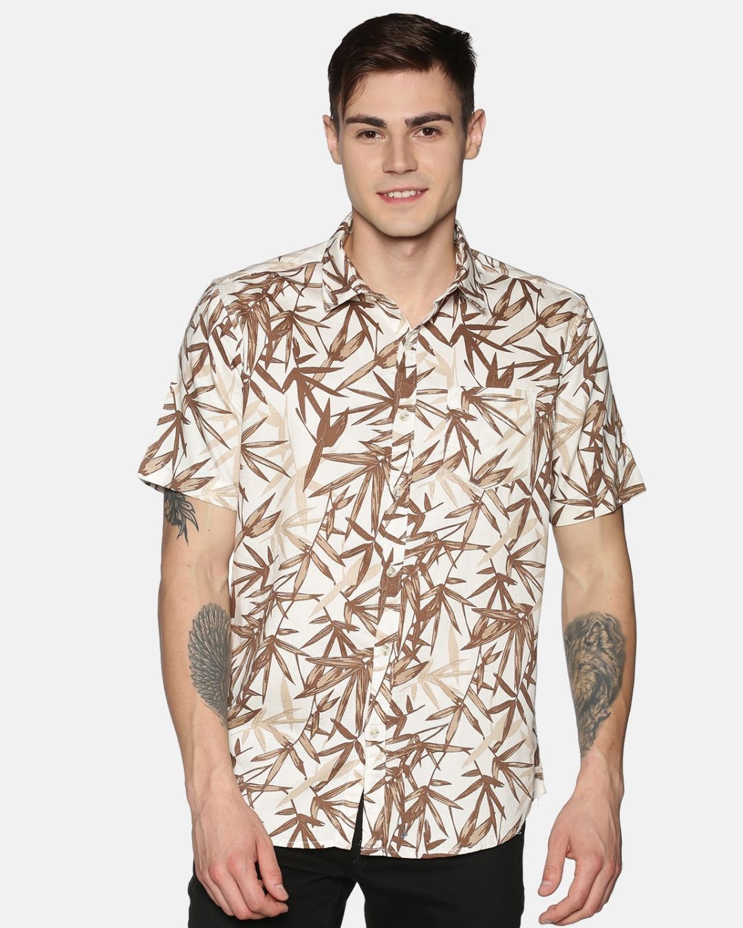 Shop Men Short Sleeve Cotton Printed Cream Brown Leafy Shirt-Front
