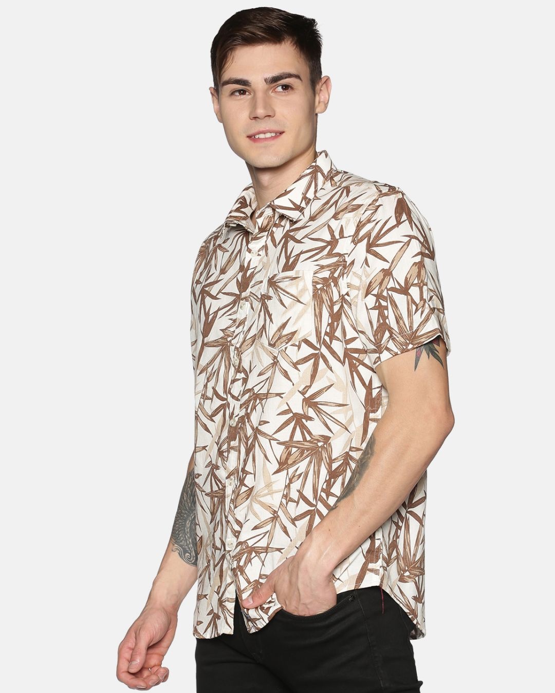 Shop Men Short Sleeve Cotton Printed Cream Brown Leafy Shirt-Back