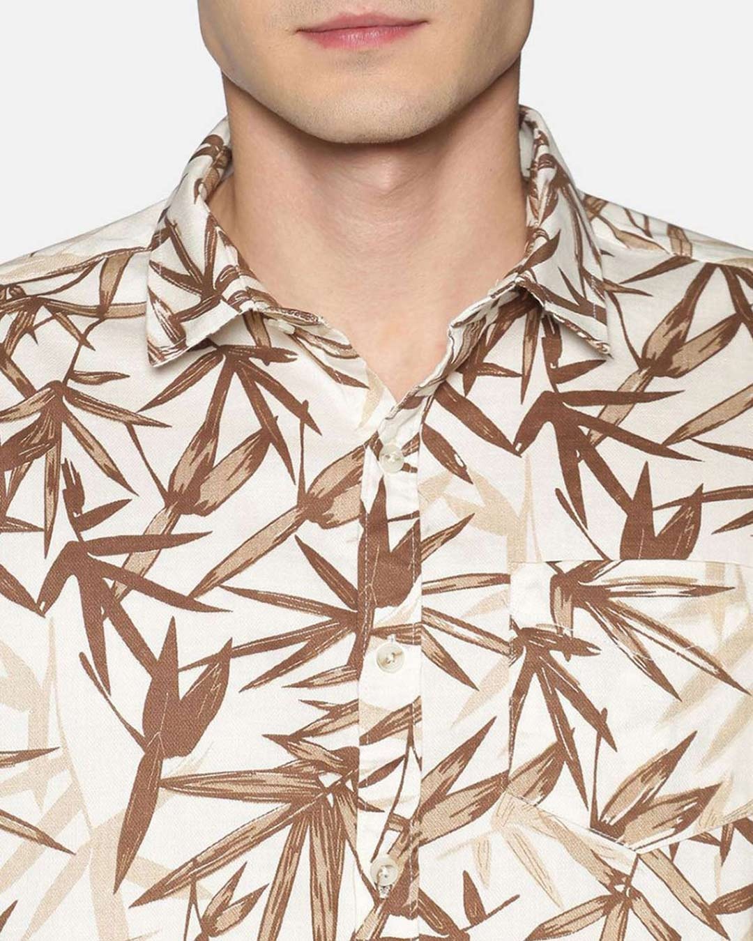 Shop Men Short Sleeve Cotton Printed Cream Brown Leafy Shirt