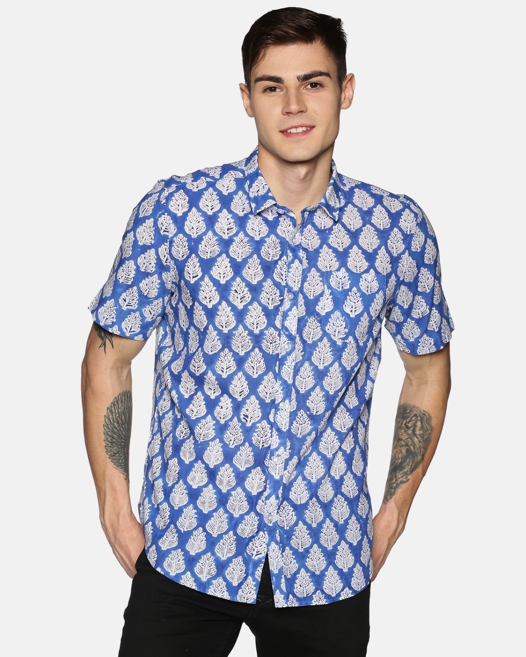 Shop Men Short Sleeve Cotton Printed Jaipuri Block Blue Shirt-Front