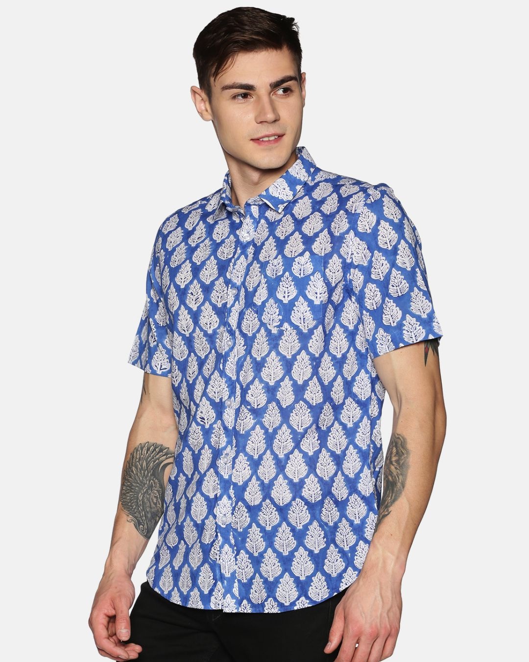 Shop Men Short Sleeve Cotton Printed Jaipuri Block Blue Shirt-Back