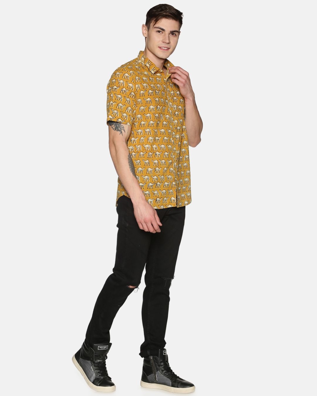 Shop Men Short Sleeve Cotton Printed Jaipuri Block  Brown Mustard Camel Animal Shirt-Full