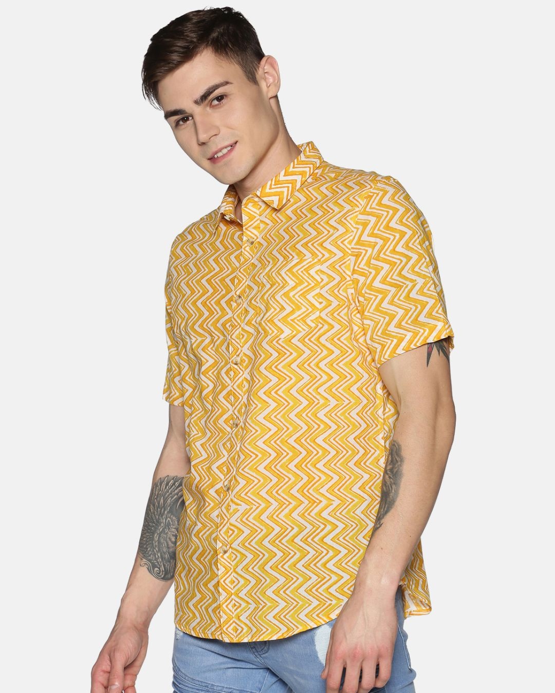 Shop Men Short Sleeve Cotton Printed Jaipuri Block Geometric Yellow Shirt-Back