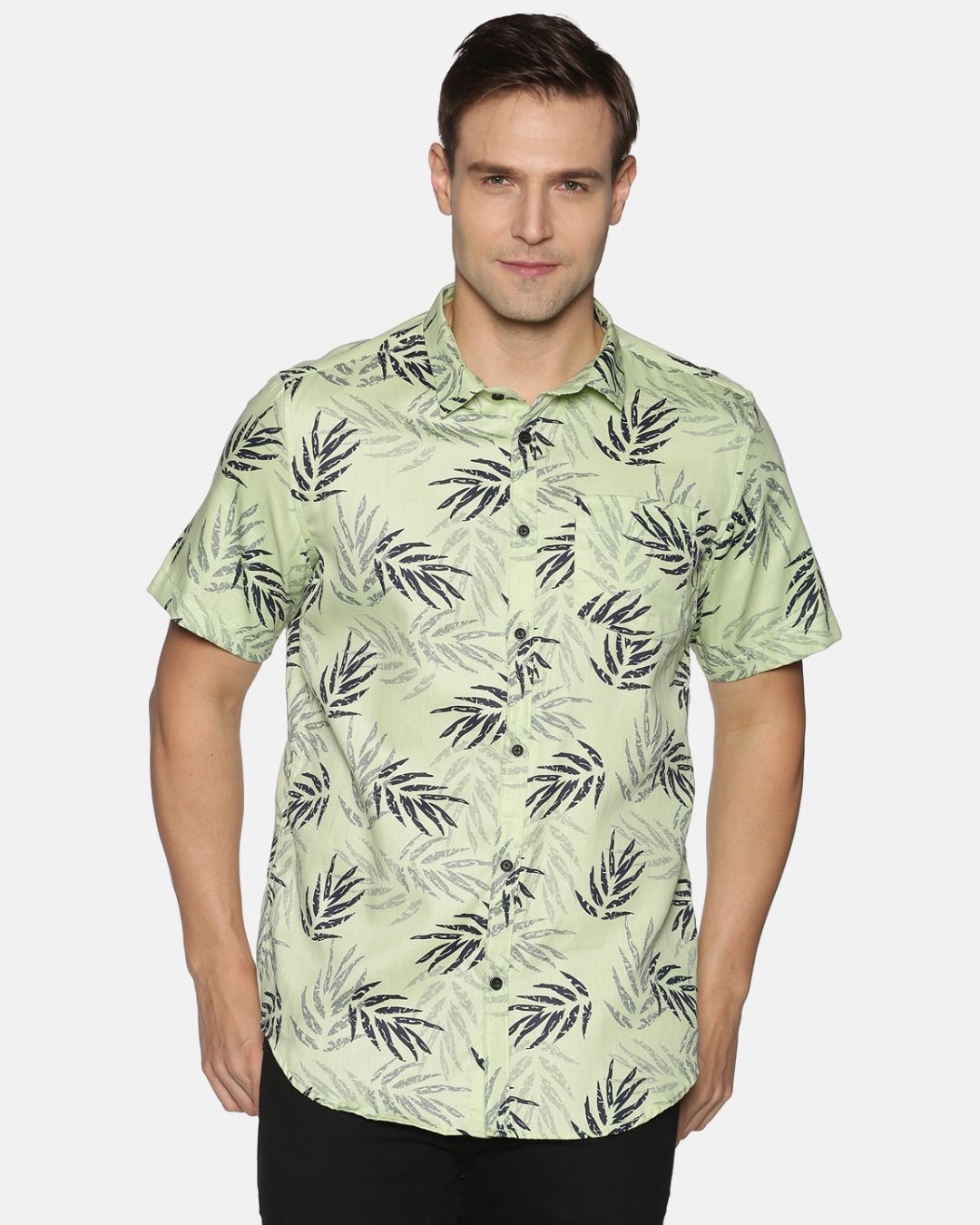 Shop Men Short Sleeve Cotton Printed Mapple Neon Green Shirt-Front