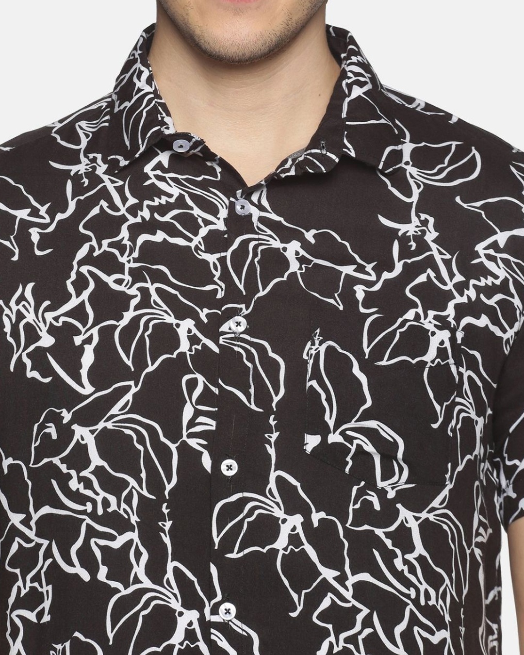 Shop Men Short Sleeve Rayon Cotton Casual  Black Abstract Wave Printed Shirt-Full