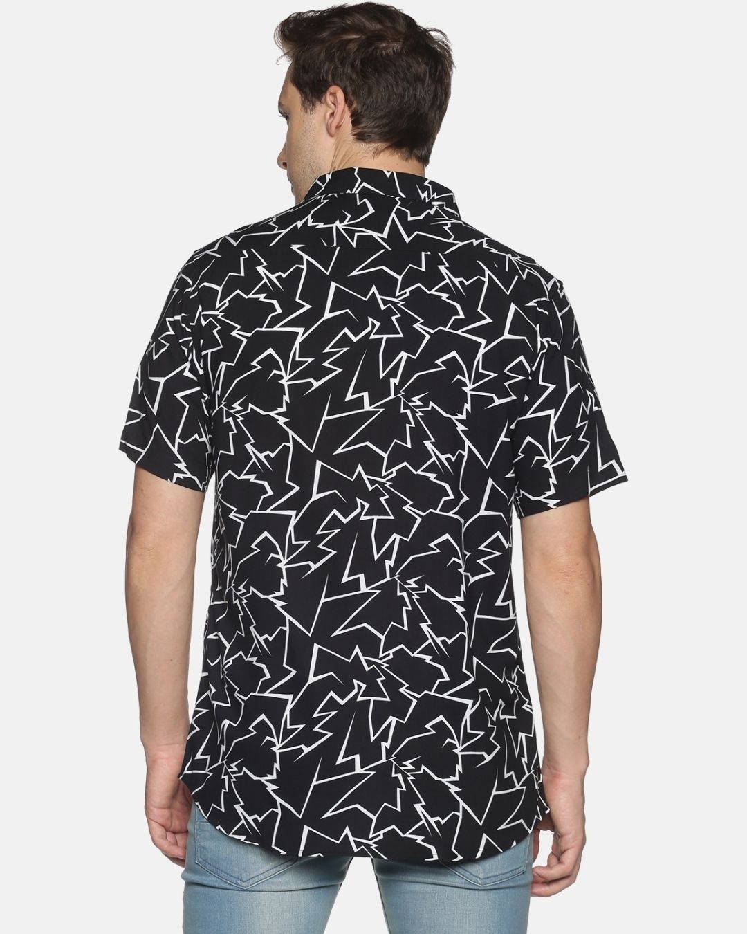 Shop Men Short Sleeve Rayon Cotton Casual  Black Geometric Printed Shirt-Back