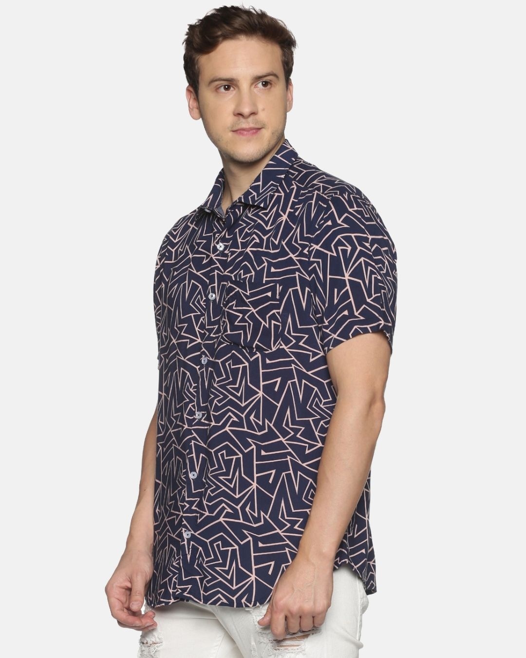 Shop Men Short Sleeve Rayon Cotton Casual  Blue Purple Geometric Printed Shirt-Design