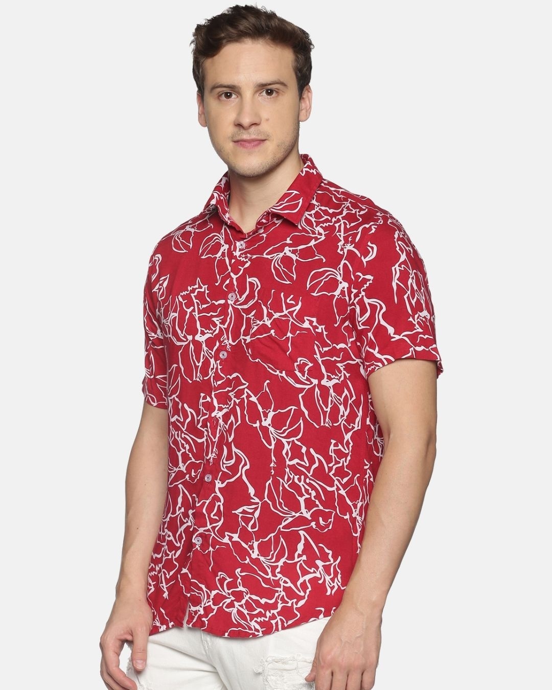 Shop Men Short Sleeve Rayon Cotton Casual  Red Abstract Wave Printed Shirt-Design