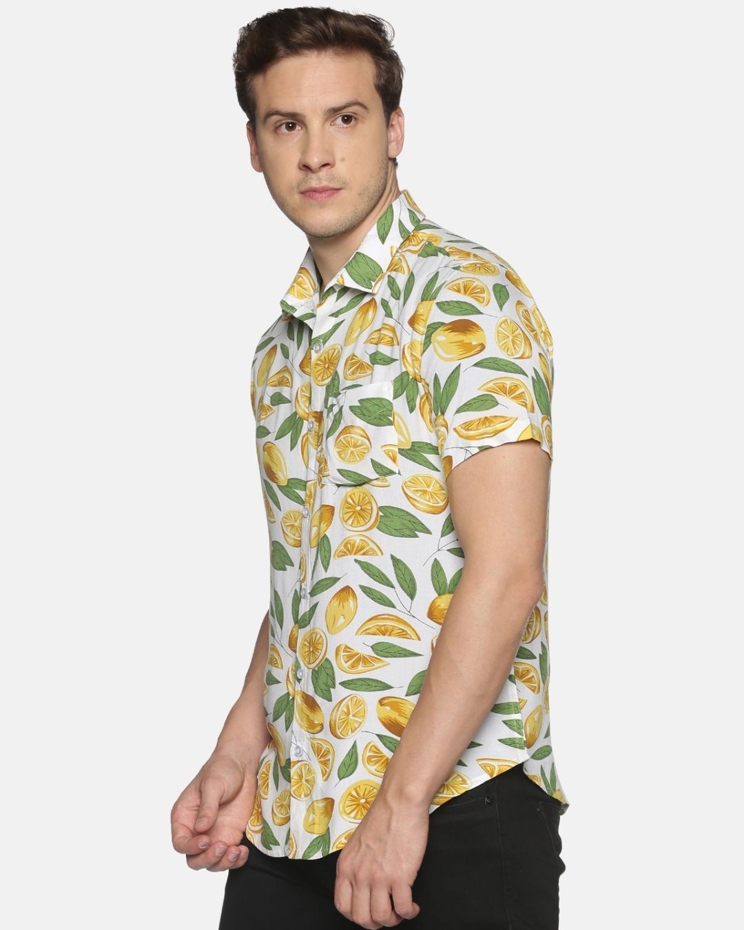 Shop Men Short Sleeve Rayon Cotton Casual  Yellow Lemon Green Leaf Fruit Printed Shirt-Design