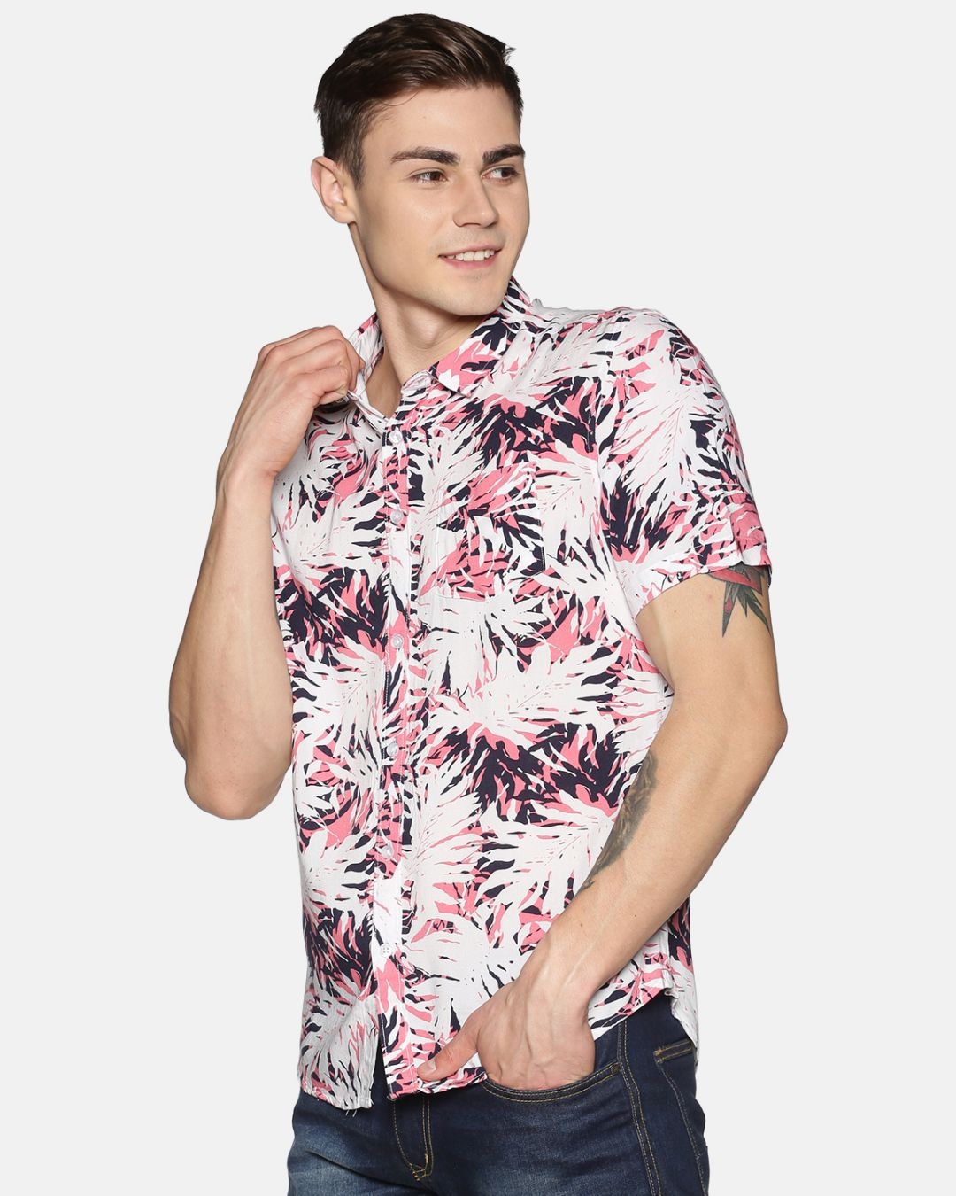 Shop Men Short Sleeve Rayon Printed Leafy Pink Shirt