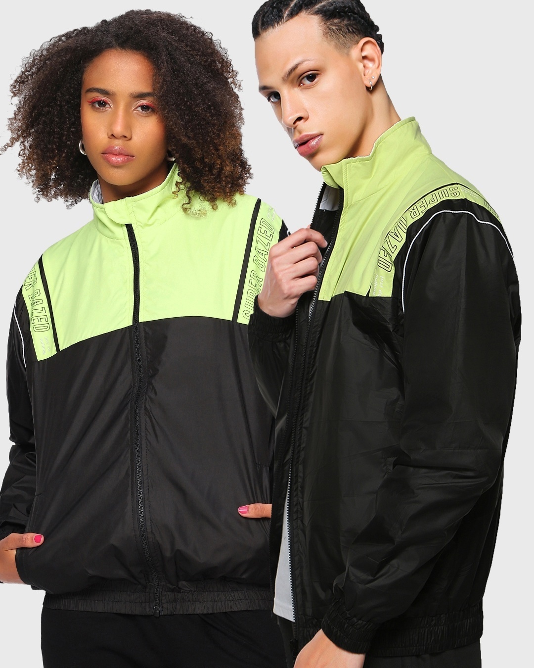 Shop Unisex Black & Green Color Block Windcheater Jacket-Front