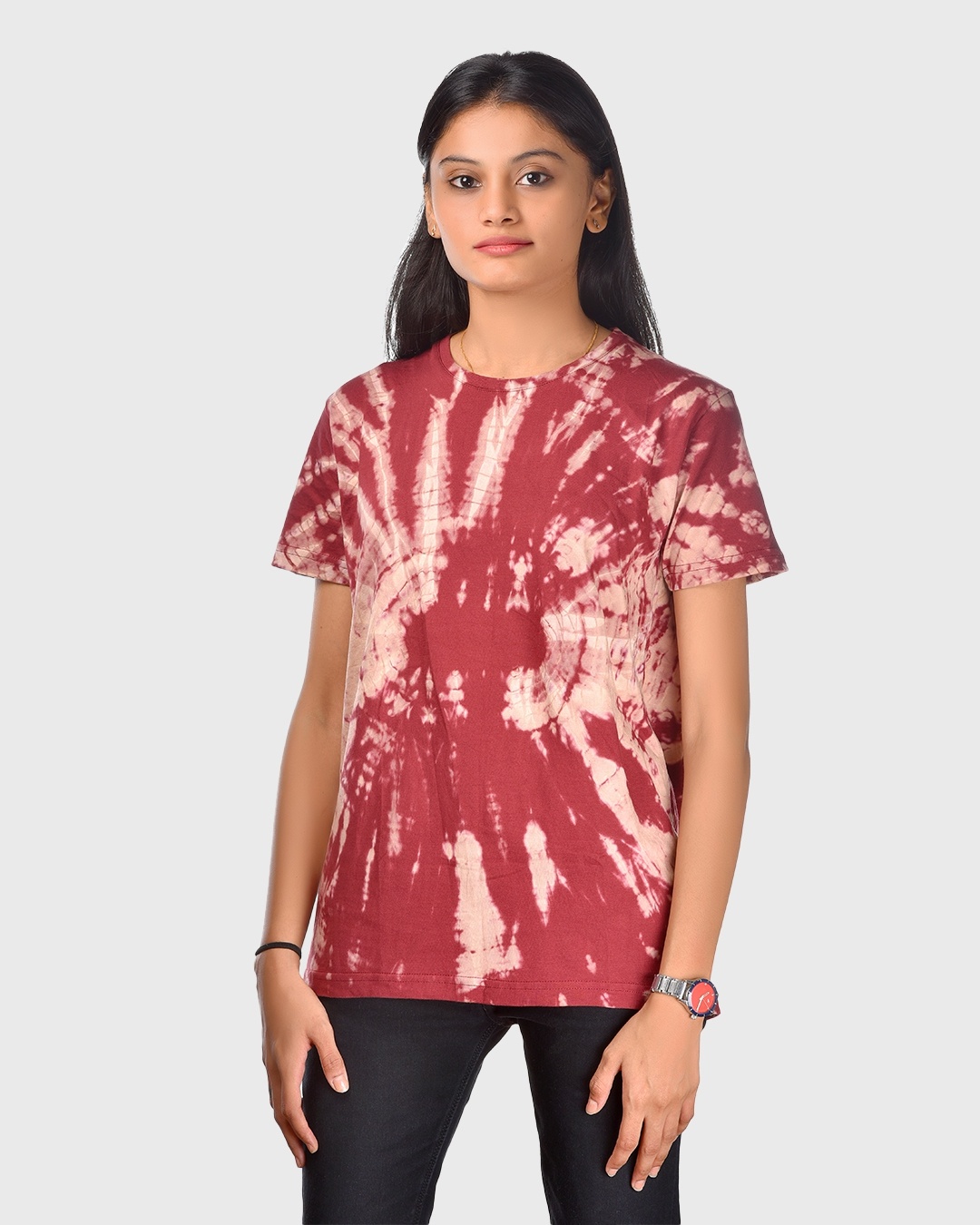 Shop Women's Maroon & White Tie & Dye Relaxed Fit T-shirt-Front