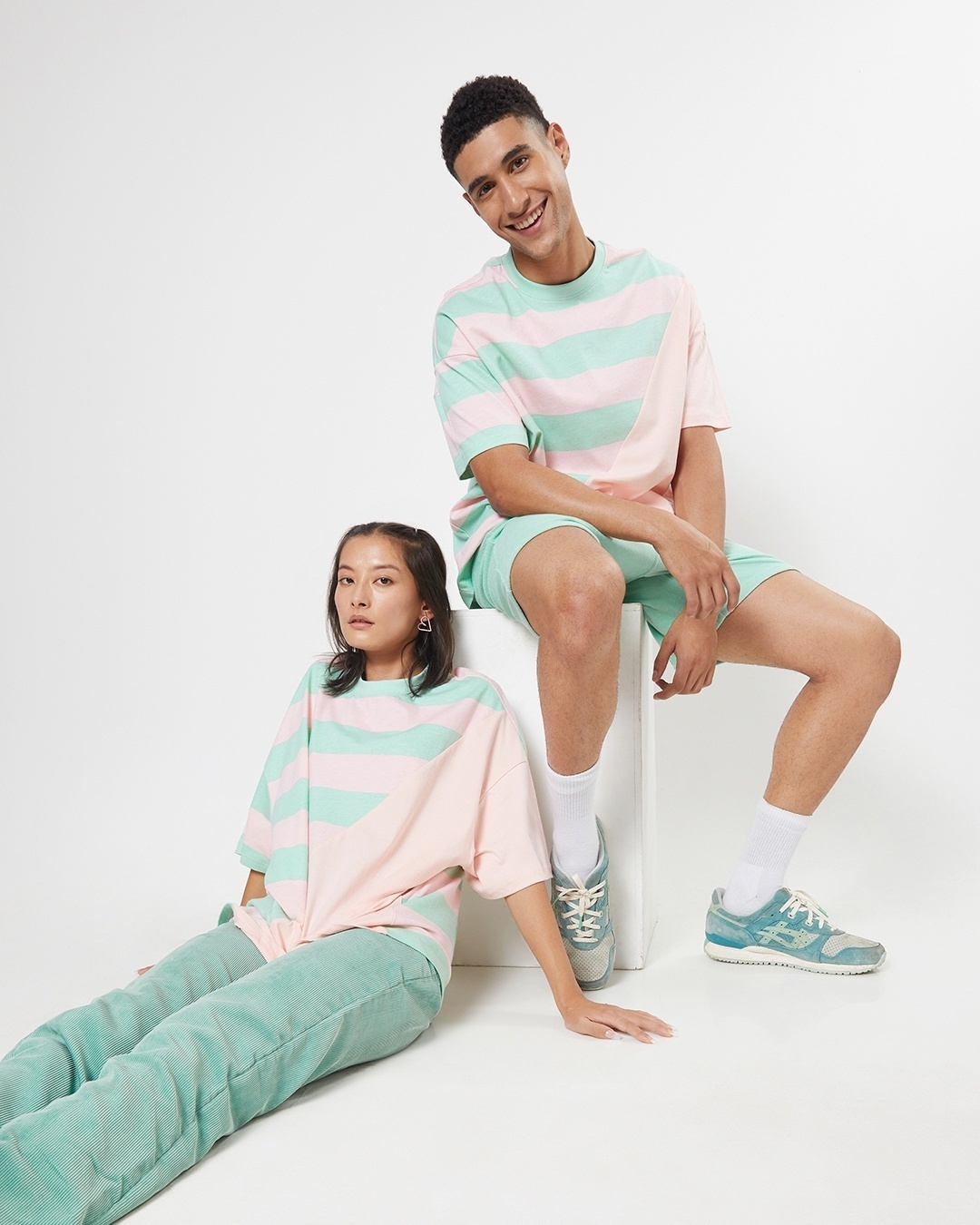 Shop Unisex Sun-Kissed Green and Pink Stripe T-shirt-Front