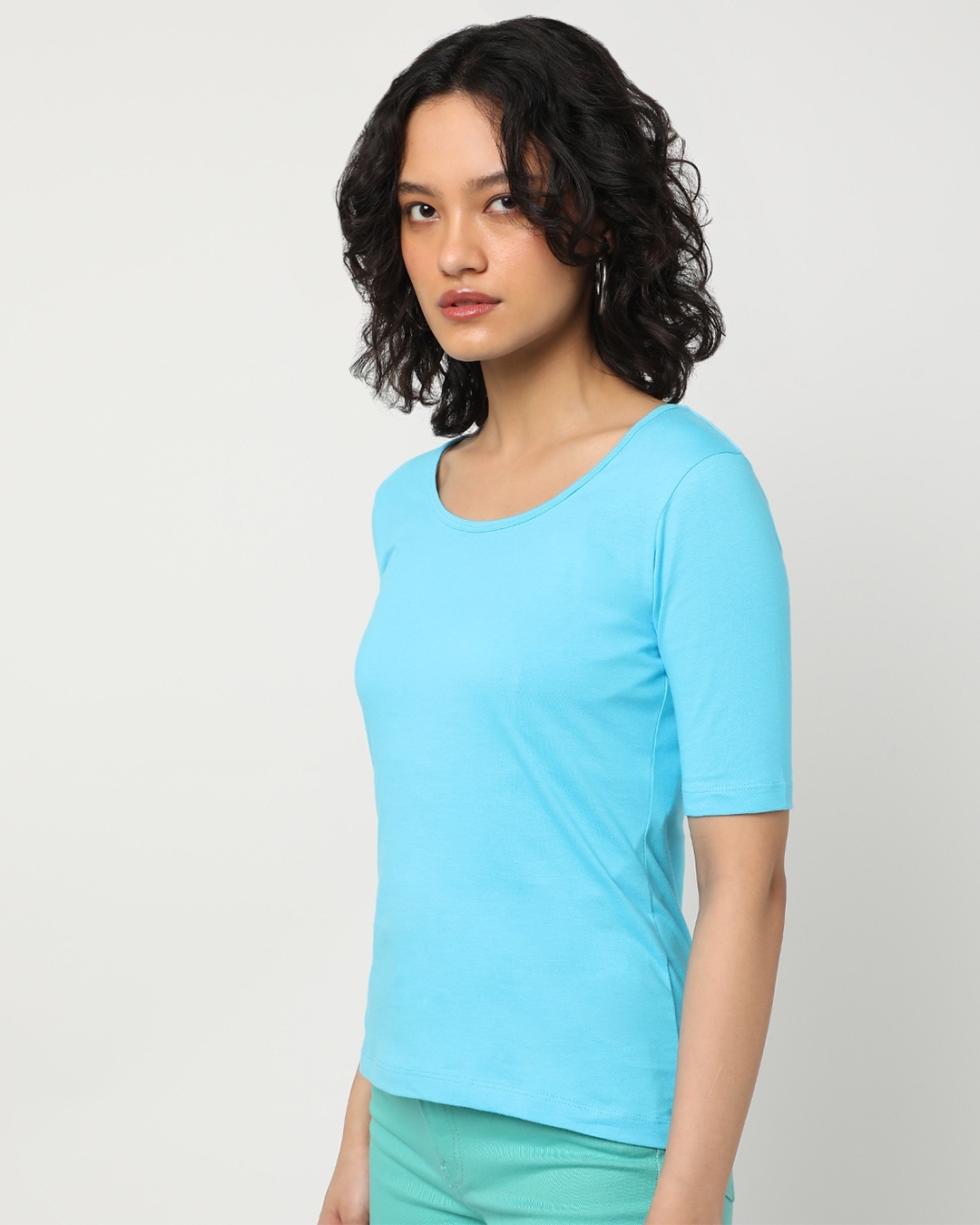 Shop Upbeat Blue Elbow Sleeve Round T-shirt-Back