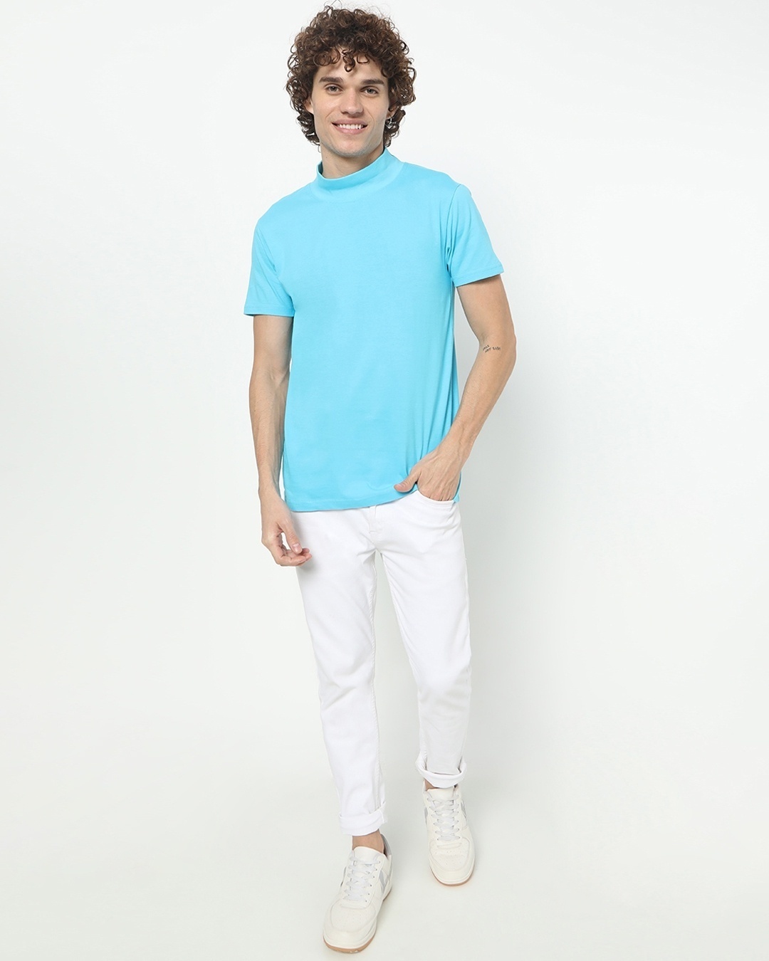 Shop Upbeat Blue Extended Collar Half Sleeve T-shirt-Full