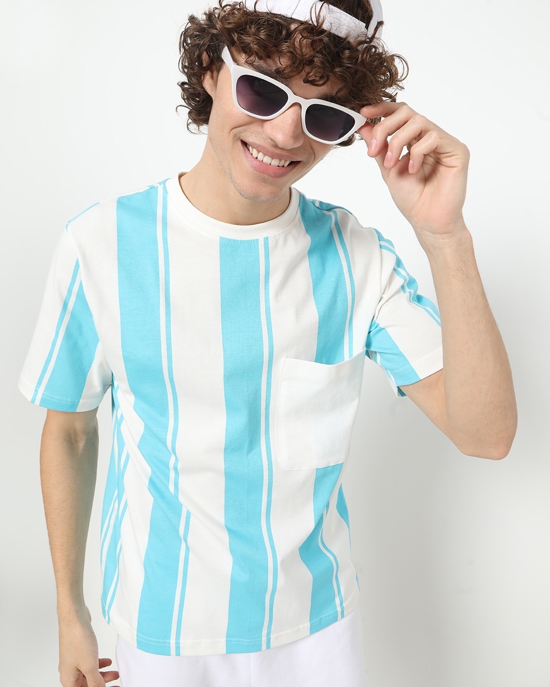 Shop Upbeat Blue Verticle Pocket Stripe T-shirt-Front