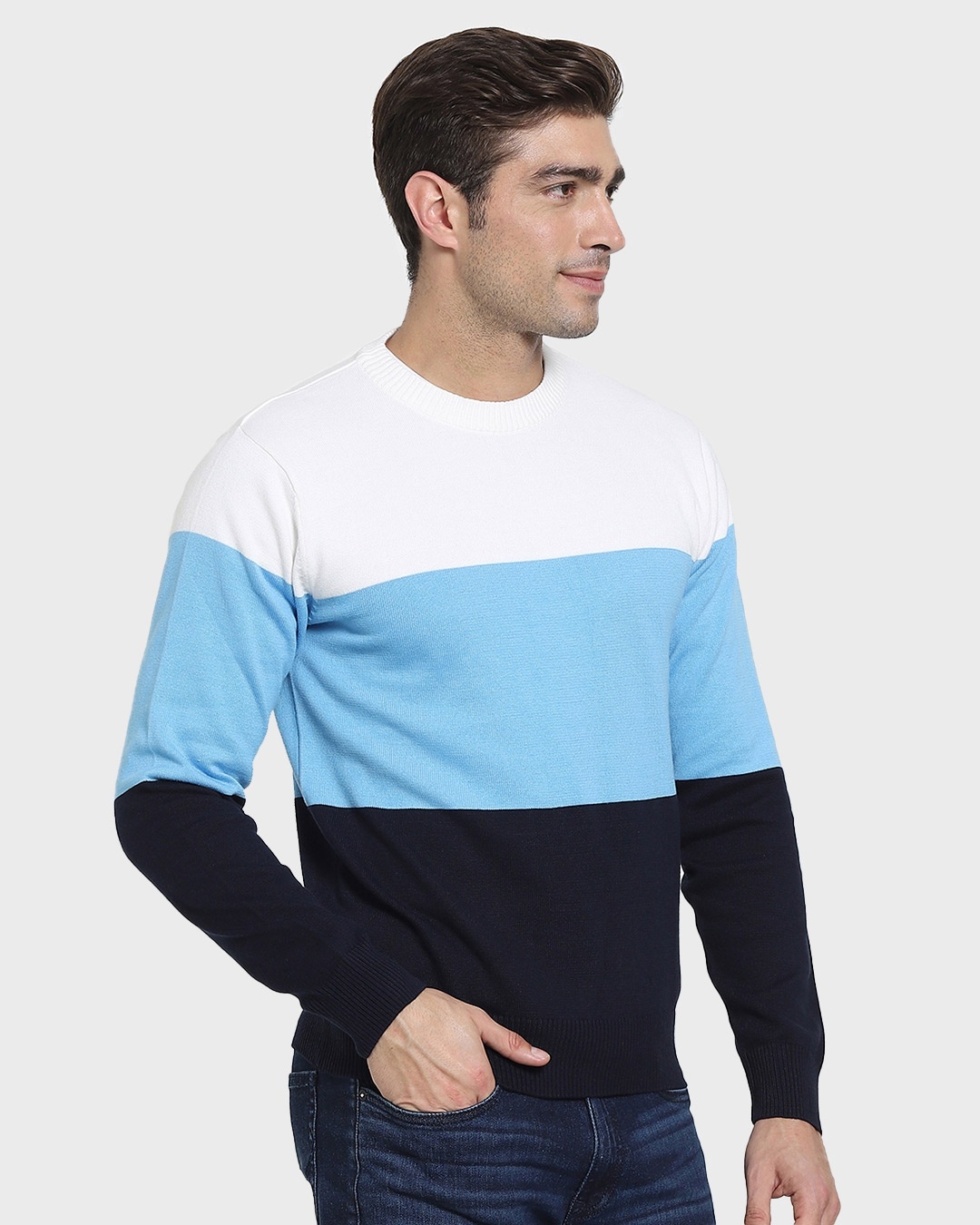 Shop Men's Blue & White Color Block Flat Knit Sweater-Back