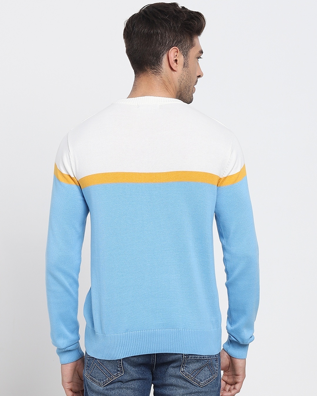 Shop Men's Blue & White Color Block Flat Knit Sweater-Design