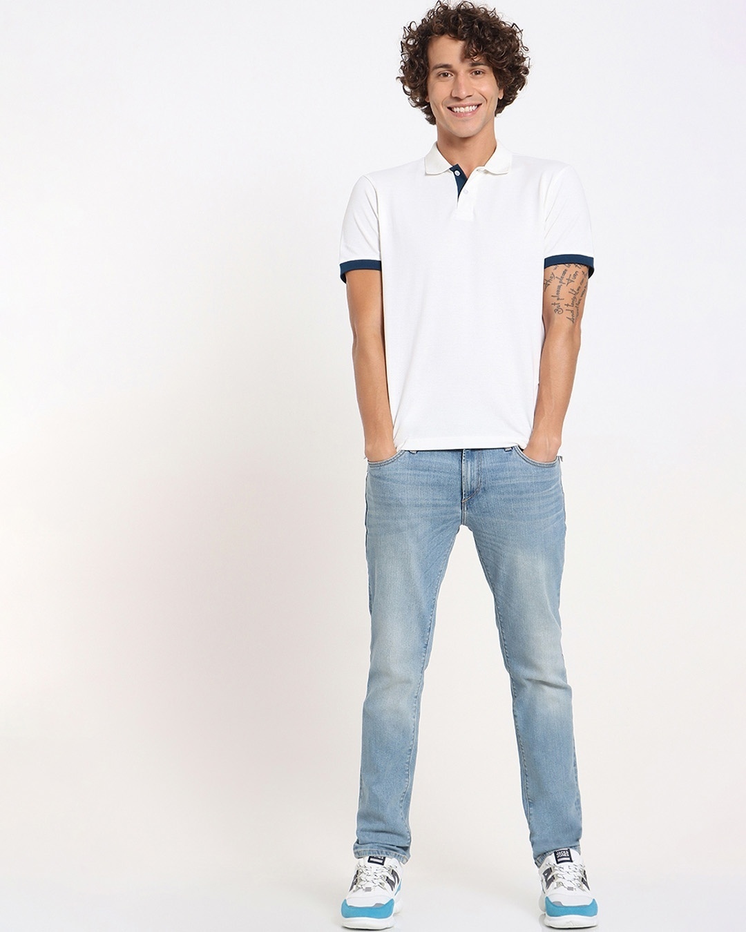 Shop White Contrast Sleeve Polo-Full