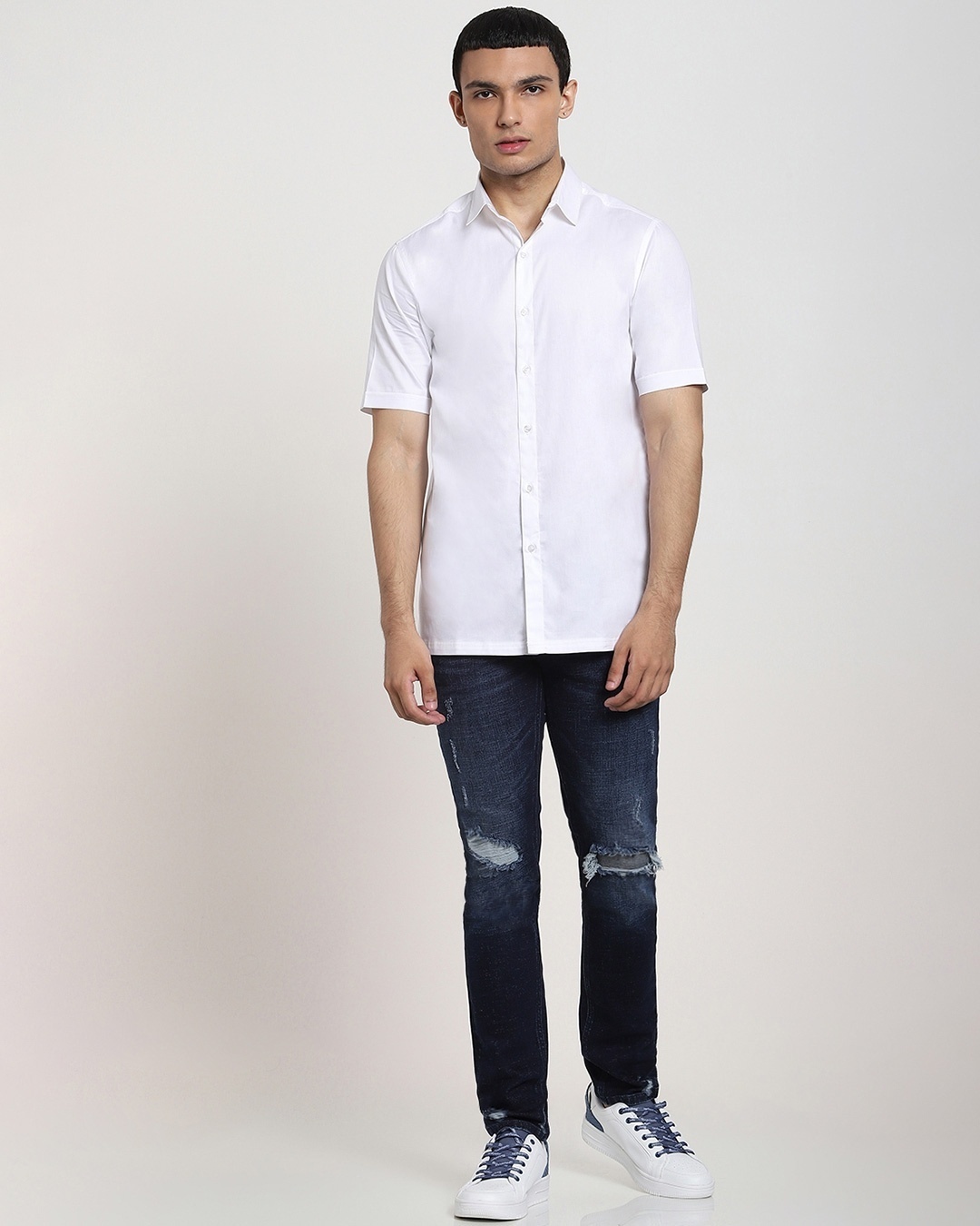 Shop White Half Sleeve Solid Shirt-Full