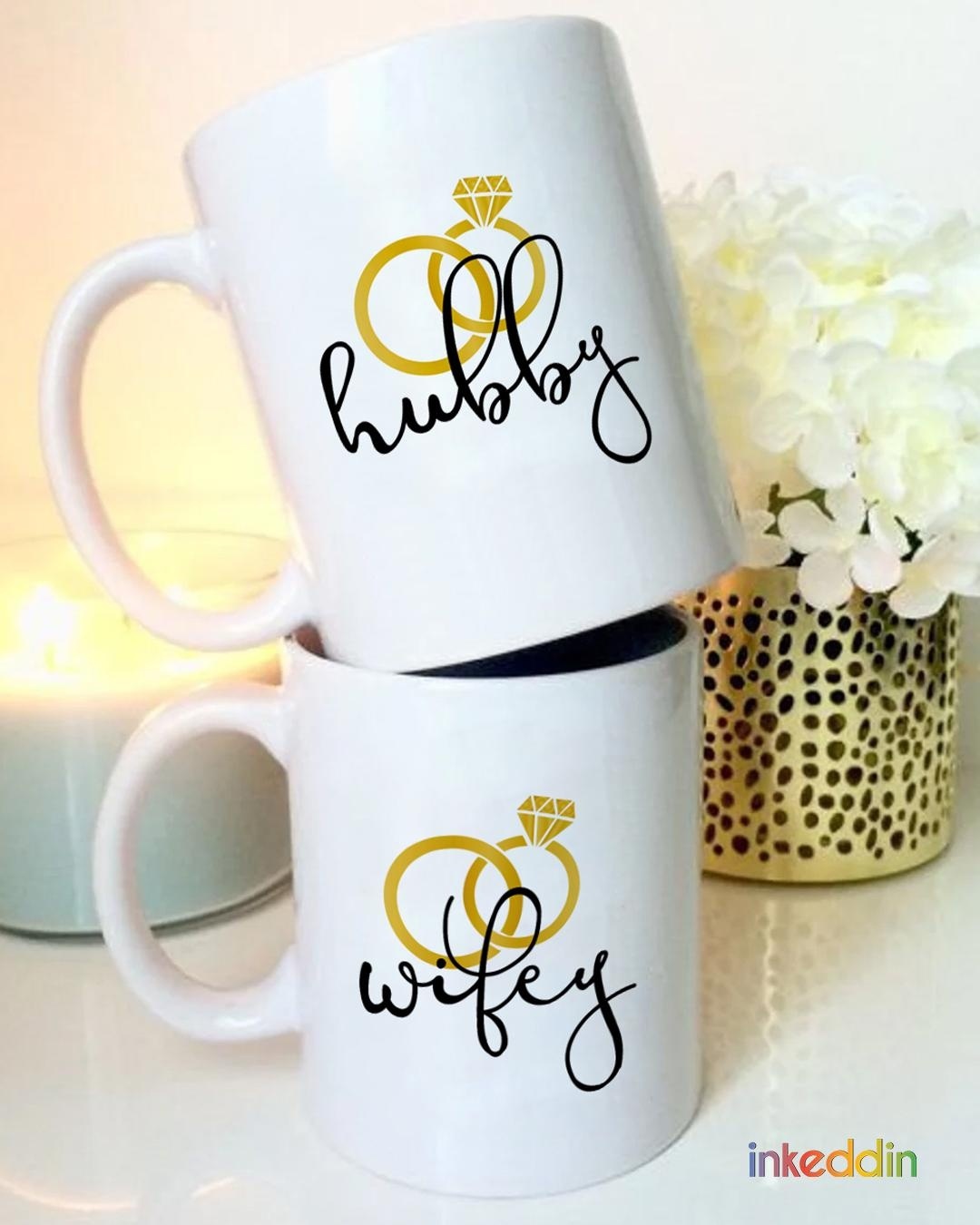 Shop White Hubby & Wifey Printed Ceramic Mug (330 ml, Set Of 2)-Back