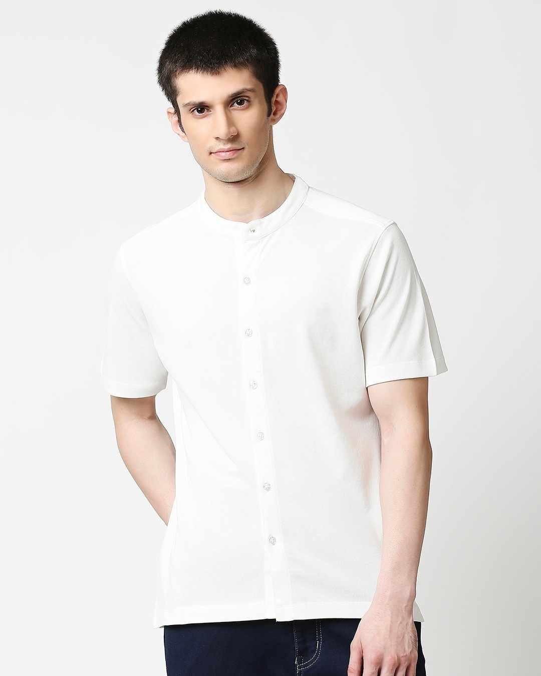 Shop White Mandrin CollarPique Half Sleeve Shirt-Front