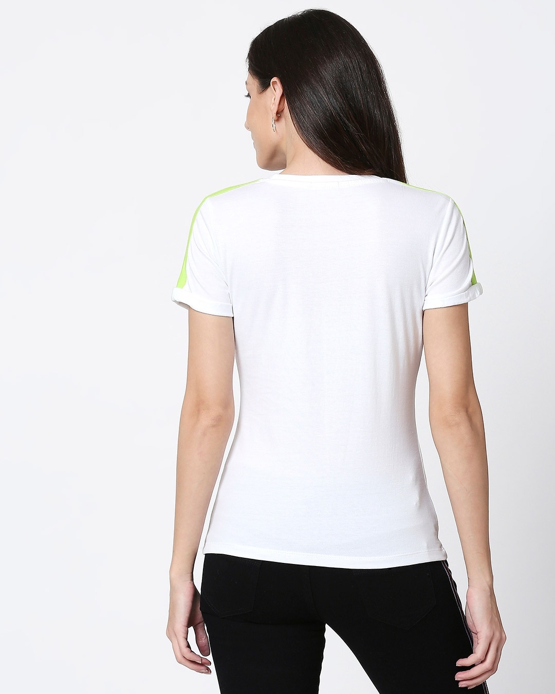 Shop White-Neon Green Shoulder Sleeve Half Sleeves T-Shirt-Full